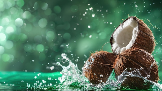 Photo fresh coconut halves with water splash against green bokeh background