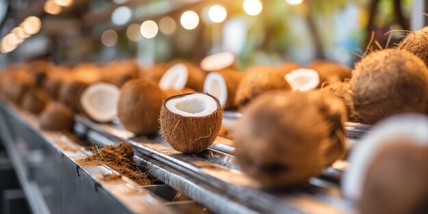 Photo fresh coconuts on a conveyor belt in a modern tropical processing facility