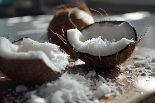 Photo fresh coconuts cracked open with flakes spilling out on a sunlit wooden board a tropical treat with a natural vibe