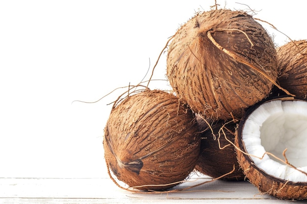 Fresh coconuts isolated on a white background with free copy space