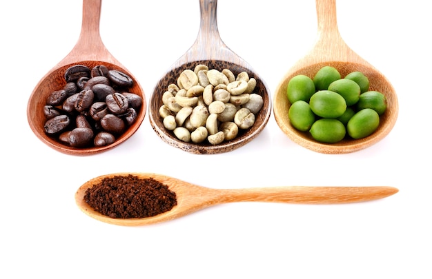 Fresh coffee,roasted coffee,Ground coffee,woden spoon on white background.