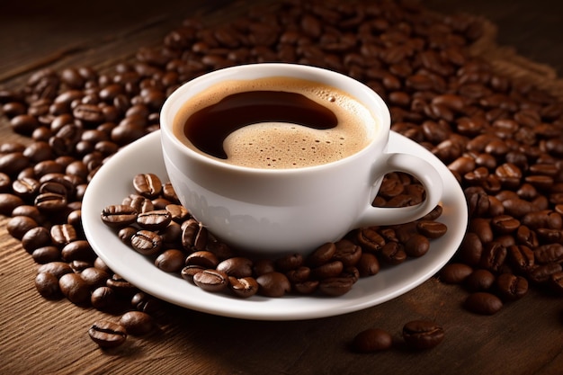 Fresh coffee steams on wooden table close up