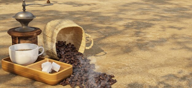 Fresh coffee on the table Hot raw coffee beans Sack of roasted coffee beans Moka pot with hand crank