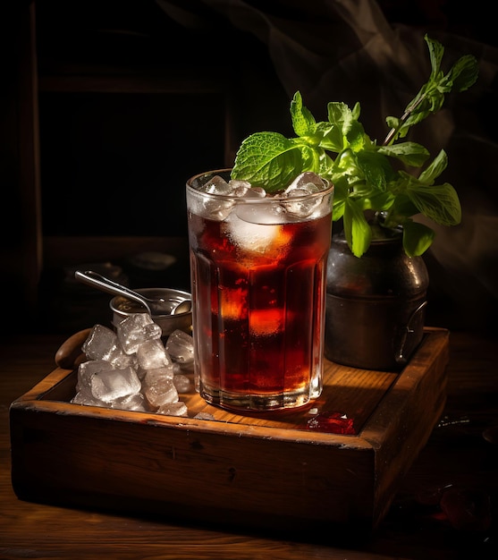 Fresh Cola Drink With Green Lime on a Wooden Tray