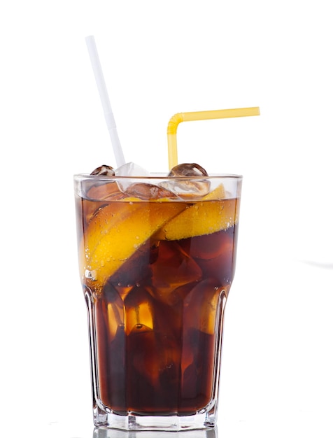 Fresh cola drink with ice and yellow lemon on white background