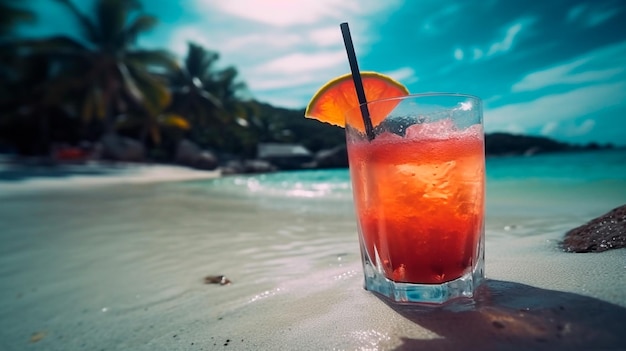 Fresh cold cocktail on tropical beach with palms and bright sand Generative AI