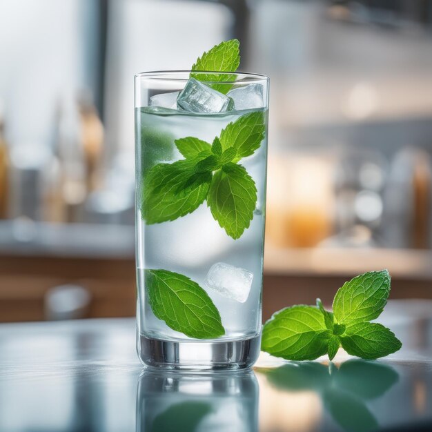 Photo fresh cold drink with cucumbers and mint served in a glass with kitchen blurred background