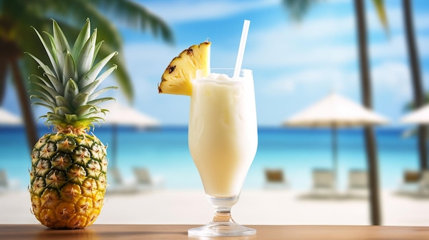 Fresh cold pina colada with pineapplecocktail on table