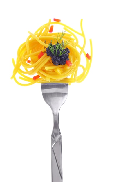 Fresh colorful composition seafood with pasta on fork isolated on white