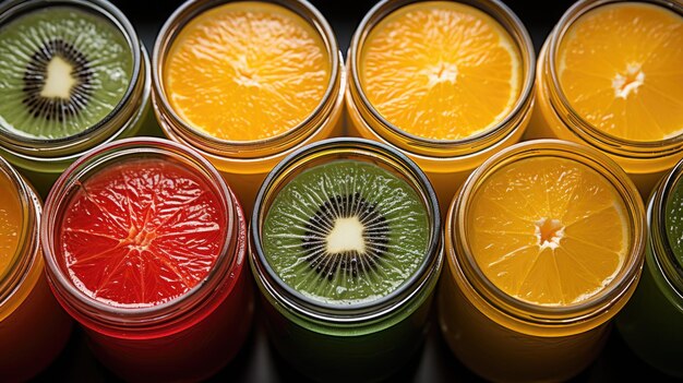 Photo fresh colorful fruit juices in a row from above