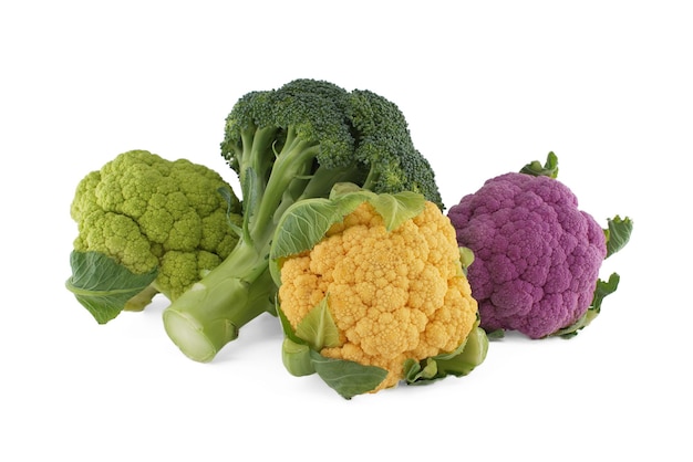 Fresh colorful green purple yellow cauliflowers with broccoli isolated on white