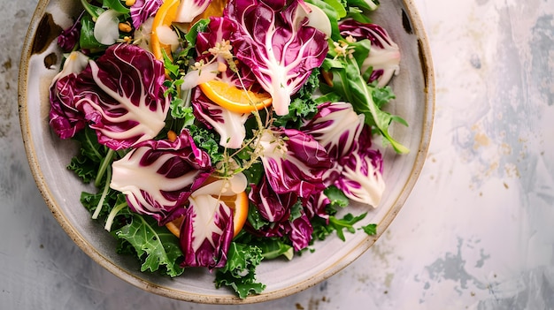 Fresh and Colorful Kale Radicchio Salad drizzled with Tangy Tangerine Vinaigrette for Healthy Eating Concept