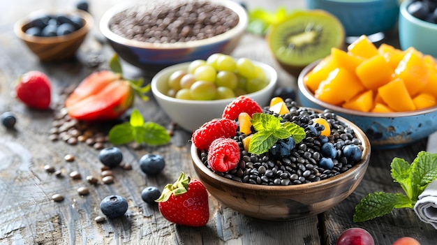 Fresh and Colorful Lentil and Fruit Salad Being Prepared on Wooden Table