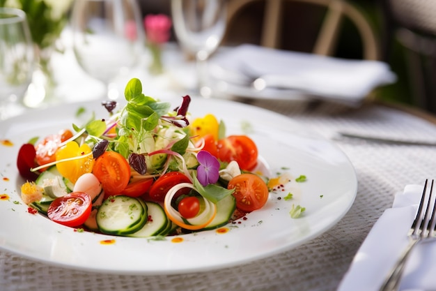 Fresh and colorful mixed salad with variety of vegetables served in white plate