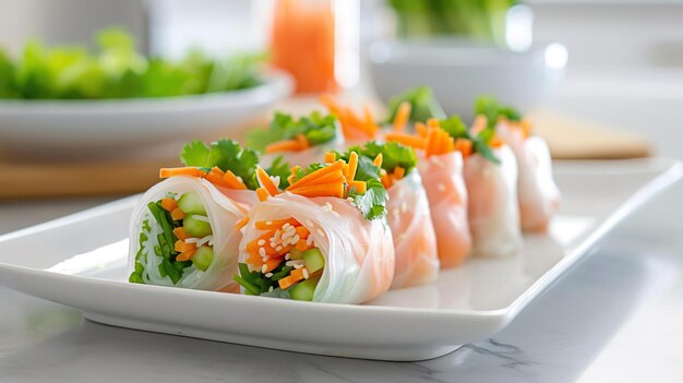 Photo fresh and colorful spring rolls on a white platter ready to be enjoyed