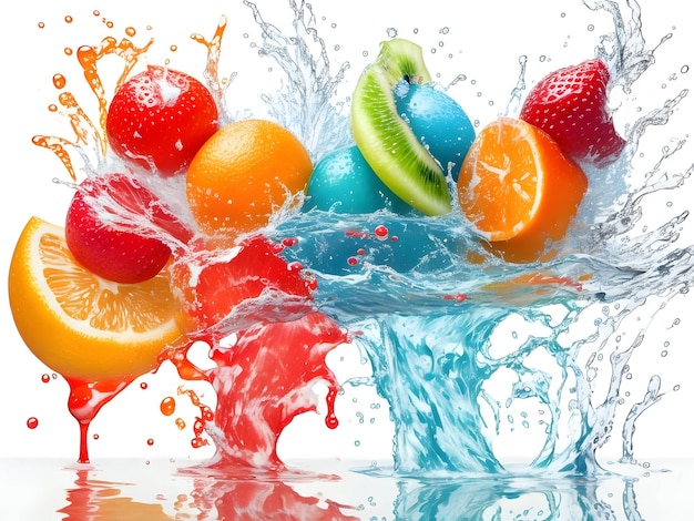 A fresh colorful tasty fruit splashing into cold water isolated on white background Generative ai