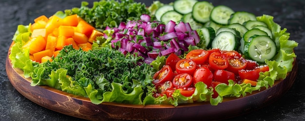 Photo fresh and colorful vegetable salad with lettuce tomatoes cucumbers peppers and onions on wooden plate