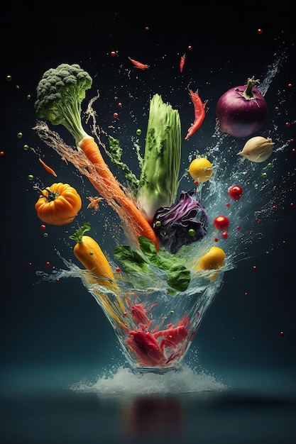 Fresh colorful vegetables with water splashes on dark background