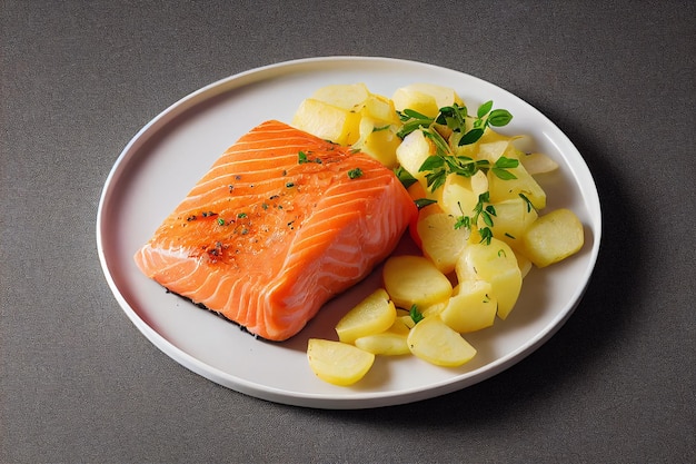 Fresh cooked delicious salmon steak with salad lemon potato