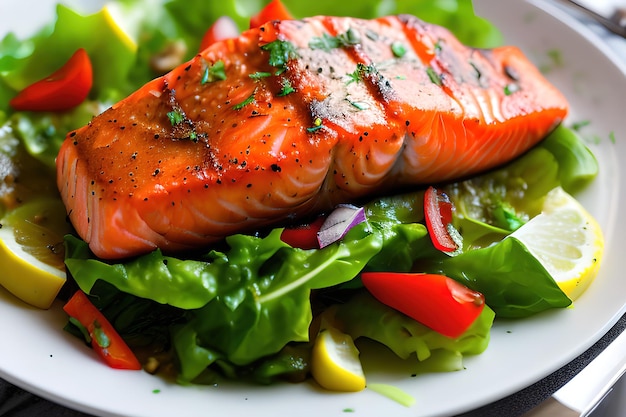 Fresh cooked delicious salmon steak with salad lemon potato