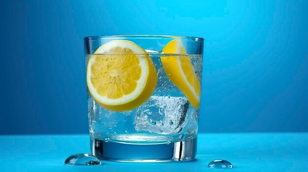 Fresh cool lemonade inside little glass with ice on blue background water cold juice cocktail color AI Generative