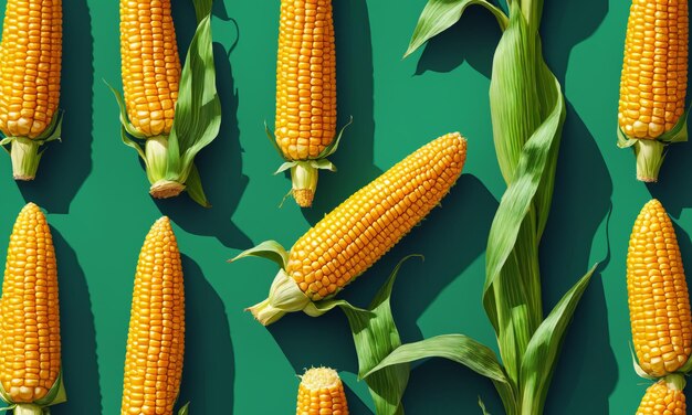 Fresh corn on the cob arranged on a green background