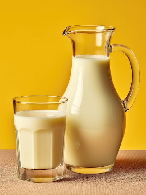 Fresh cow's milk in a glass and a jug on color background