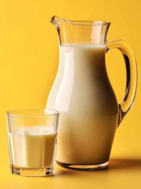 Fresh cow's milk in a glass and a jug on color background