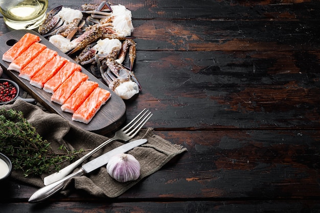 Fresh Crab meat stick surimi set, on dark wooden table