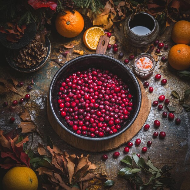 Photo fresh cranberries in a pan with autumn leaves and oranges