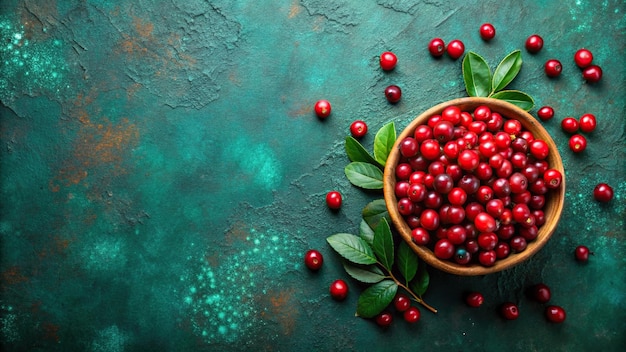 Fresh cranberries with leaves on a dark turquoise green background top view cranberries leaves fresh sweet vibrant