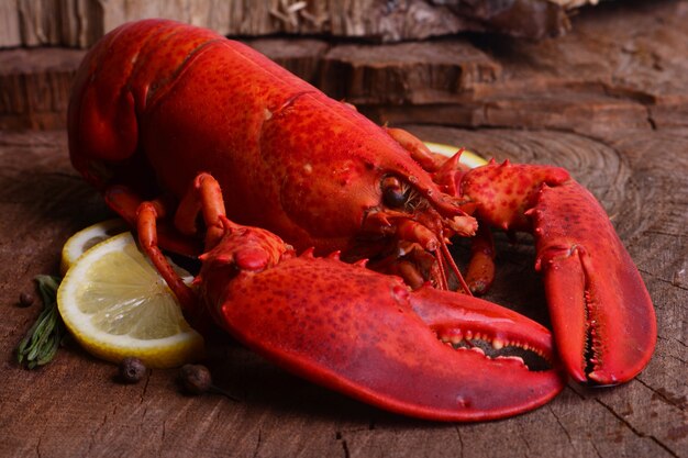 Fresh crayfish on a wooden table