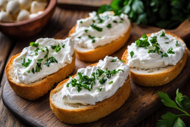 Photo fresh cream cheese chives on sliced baguette