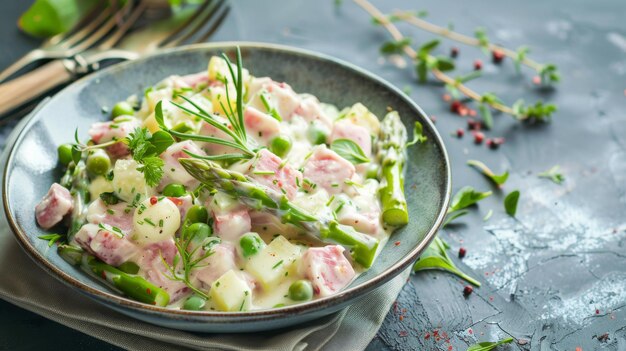 Photo a fresh creamy salad with asparagus peas and herbs arranged beautifully on a plate symbolizing healthy eating and gourmet