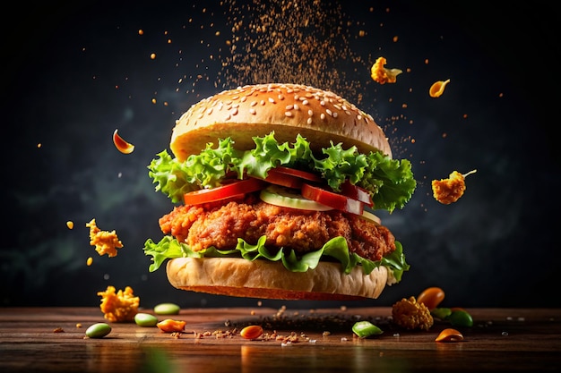 Fresh Crispy Fried Chicken Burger Sandwich with Flying Ingredients and Spices in 4K HD Photo