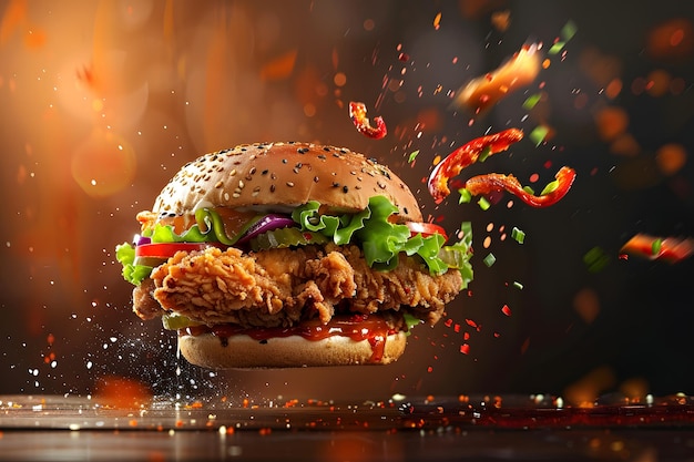 Fresh crispy fried chicken burger sandwich with flying ingredients and spices hot