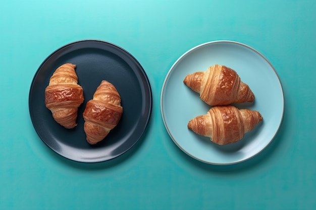 Fresh croissant on blue plate and blue background Ai generative