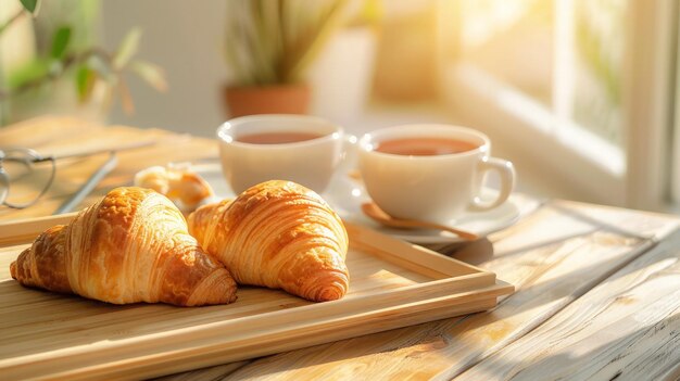 fresh croissant and ceramic cups of tea on bamboo tray on wooden tabletop with sun light