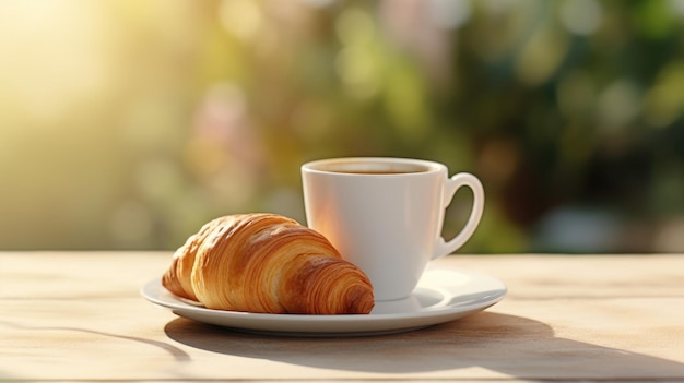 Fresh croissant on plate with cup of coffee on the morning breakfast