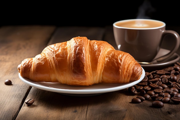 Fresh croissant on rustic table with coffee generated