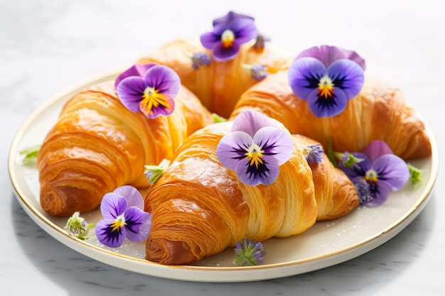 Fresh croissants decorated with edible pansy flowers