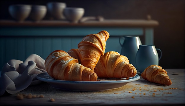 Fresh croissants on a plate with a cup of coffee Dark backgroundgenerative ai