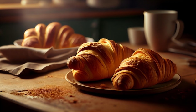 Fresh croissants on a plate with a cup of coffee Dark backgroundgenerative ai