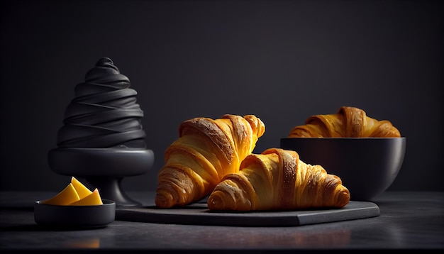 Fresh croissants on a plate with a cup of coffee Dark backgroundgenerative ai