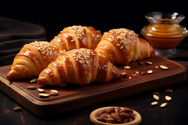 Fresh croissants sesame seeds wooden board delicious baked goods