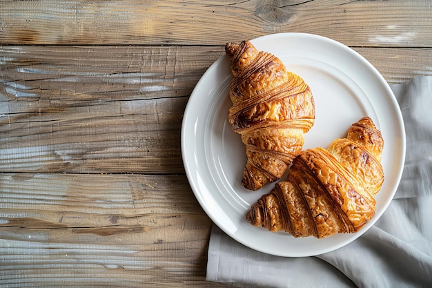 Photo fresh croissants on a white plate on rustic wooden table simple and tasty breakfast ready to be enjoyed ideal for food blogs culinary articles or menu designs generative ai