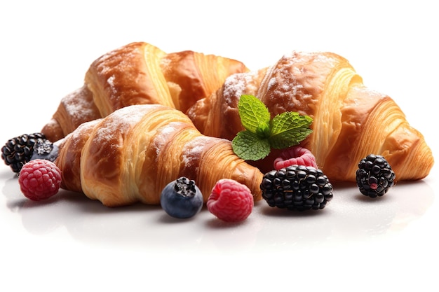 Fresh croissants with berries isolated on white background Generative AI