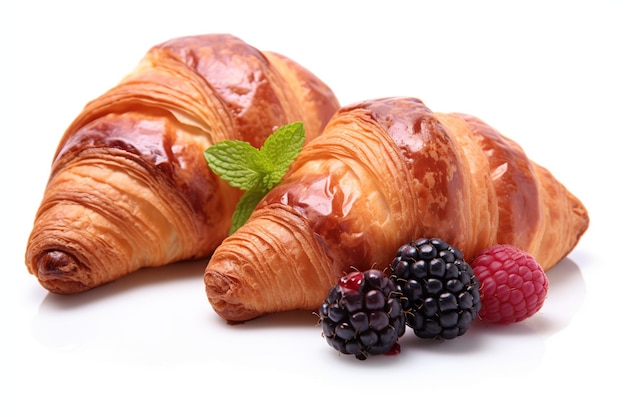 Fresh croissants with berries isolated on white background Generative AI