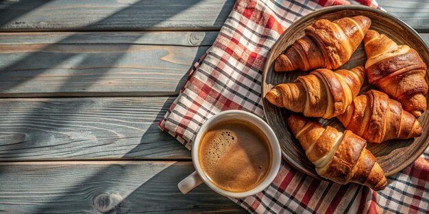 Photo fresh croissants with coffee on rustic wooden table