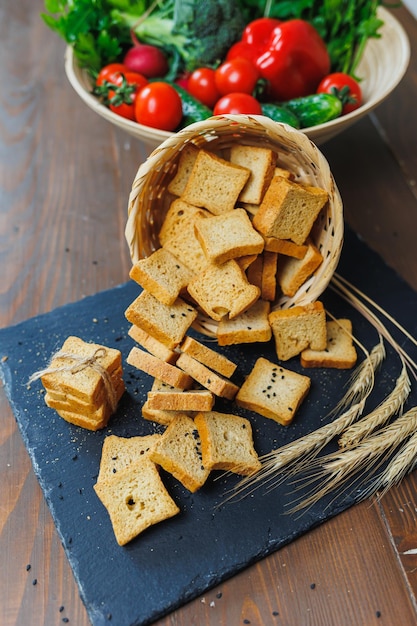 Fresh croutons made of whole grain flour golden in color Toasts for delicious sandwiches